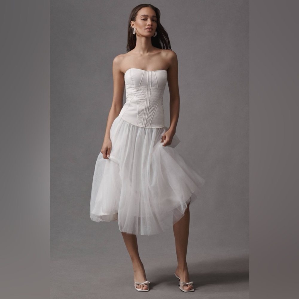 Anthropologie BHLDN Strapless A-Line Satin Tulle-Skirt Midi Dress Size Small NEW